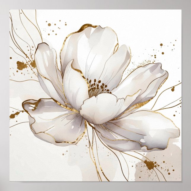 Modern vit Magnolia Guld Linje Konst Blommig Bröll Poster (Framsidan)