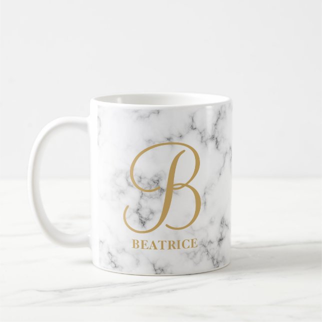 Modern vit marble guld typography namn monogram kaffemugg (Vänster)