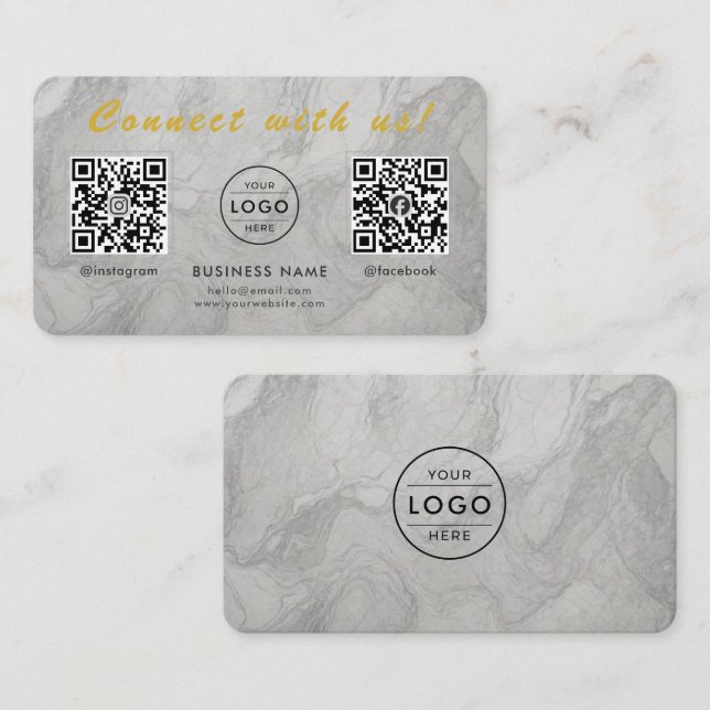 Modern vit marmor Dubbel QR-kod Multi Social Visitkort (Fram/baksida)
