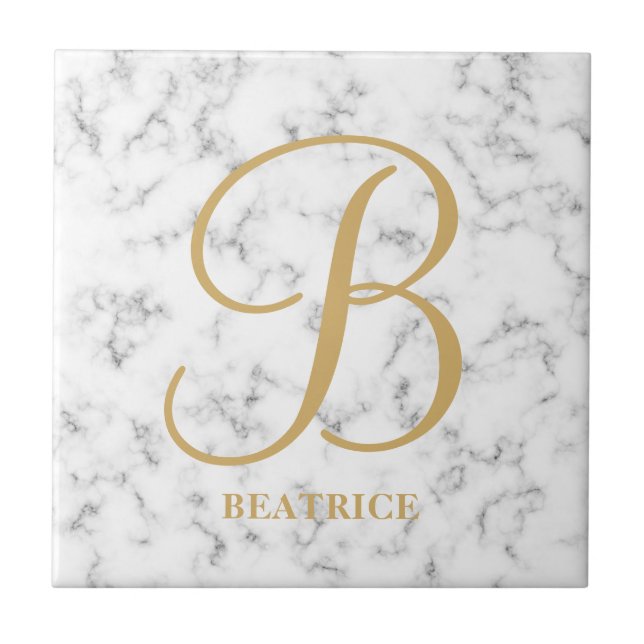 Modern vit marmor-guld-typografi namn monogram kakelplatta (Framsidan)