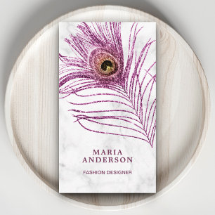 Modern vit marmor lila påfågel fjäder visitkort