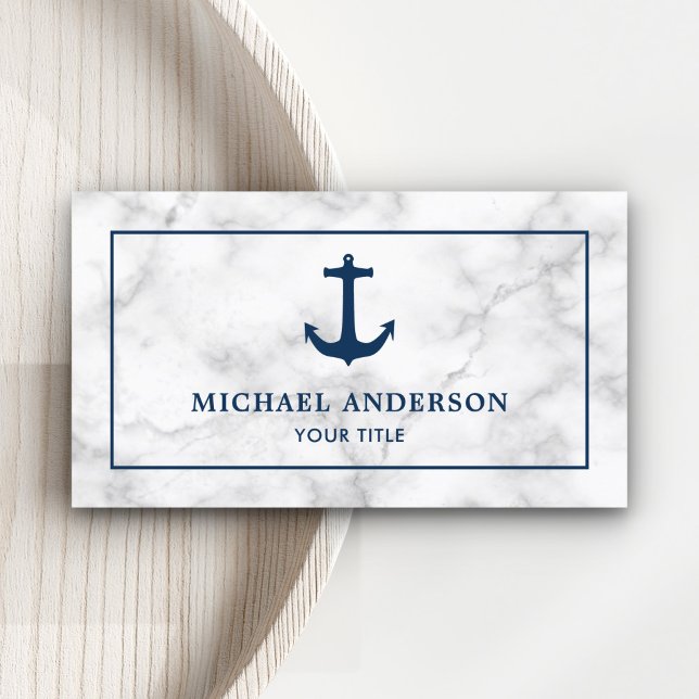 Modern vit marmor marinblå nautisk ankarsymbol visitkort (Skapare uppladdad)