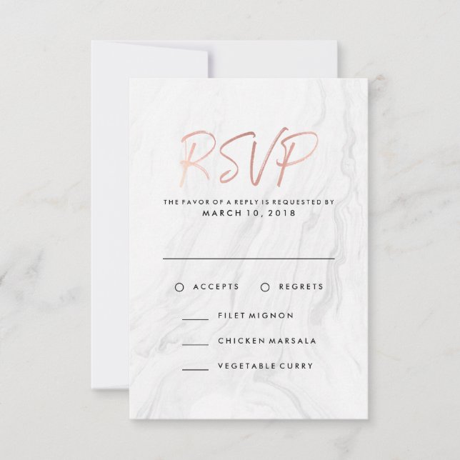 Modern vit marmor Roséguld | Bröllops-RSVP-Meny OSA Kort (Framsida)