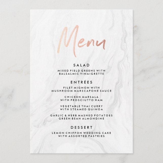 Modern vit marmor roséguld bröllopsmeny meny (Framsida)