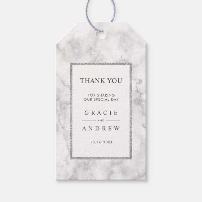 Modern Vit Marmor Silver Glitter Tack Presentetikett (Framsidan)