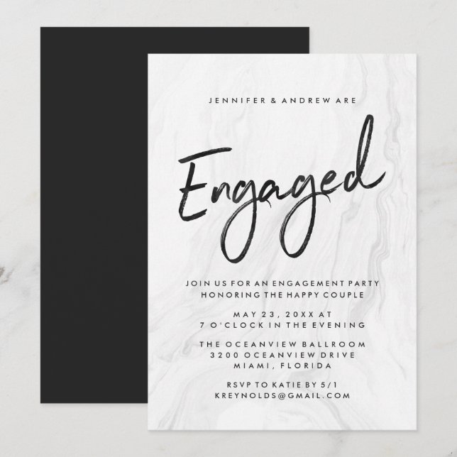 Modern vit marmor-skript | FÖRLOVNINGSFEST Inbjudningar (Fram/baksida)