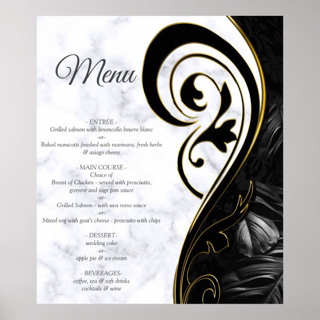Modern Vit - Marmor Svart Abstrakt Meny Poster (Framsidan)