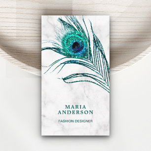 Modern vit marmor teal påfågel fjäder visitkort