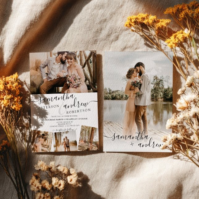 Modern vit minimalistisk stil 5 foton bröllop inbjudningar (Modern white minimalist script 5 photos wedding invitation)