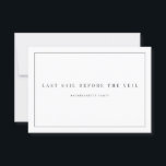 Modern vit möhippa inbjudan<br><div class="desc">Denna eleganta och minimalistiska vita möhippa inbjudningskort har modern typografi och ren text för en enkel och stilren vit design som du kommer att älska. Lägg till anpassad text för att ge eventuell ytterligare information som behövs för dina gäster. Skicka gärna ett meddelande till mig med eventuella designrelaterade frågor -...</div>