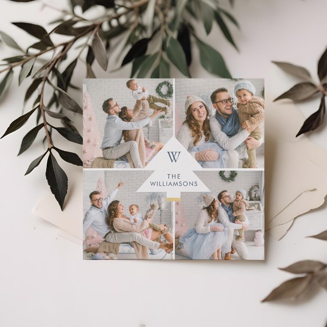 Modern vit monogram Julgran 4 foto Julkort (Modern White Christmas Tree Monogram Four Photo Holiday Card)