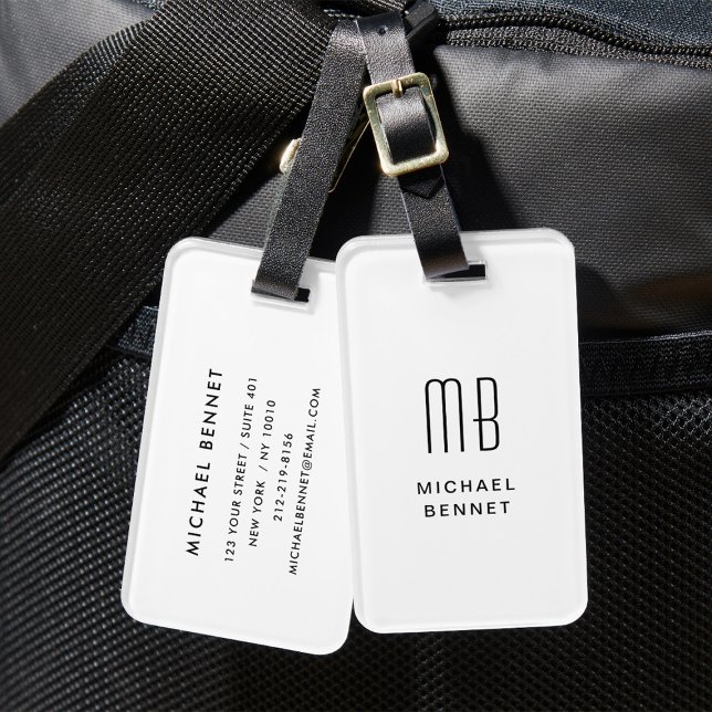 Modern vit monogrammad bagagebricka (Modern White Monogrammed Luggage Tag)