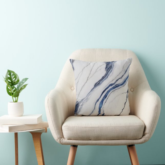 Modern vit och blå minimalistisk marmor kudde (Stol)