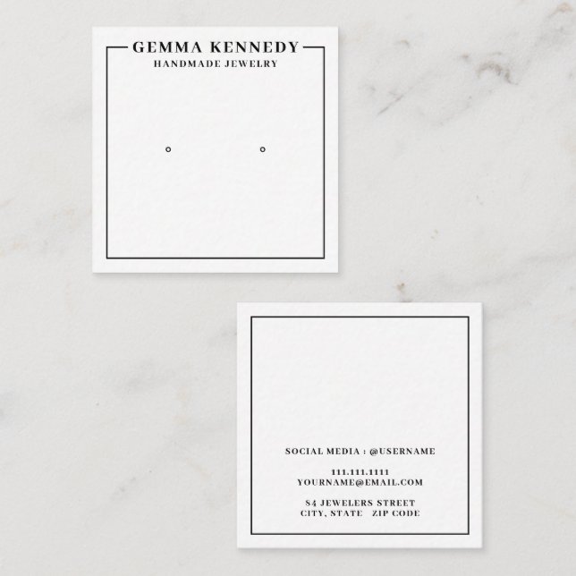 Modern Vit- och Black Earring Visning Card Fyrkantigt Visitkort (Fram/baksida)