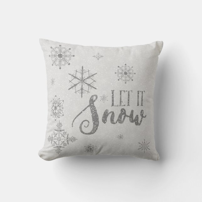 Modern vit och grått snöflingor-låt det snöa kudde (Framsida)