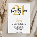 Modern Vit och Guld Elegant 21:a födelsedag Inbjudningar<br><div class="desc">En enkel,  modern 21:a födelsedagsinbjudan som innehåller elegantens kalligrafi-skript,  typografi och minimalistisk design i vitt och guld färg.</div>