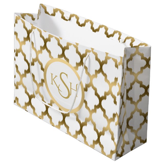 Modern vit och guld Ikat Quatrefoil-mönster (Framsidan Vinklad)