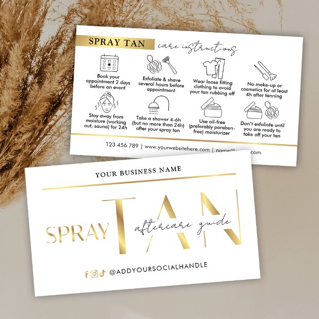 Modern Vit och Guld Visitkort (Modern white and gold spray tanning aftercare cards with icons)