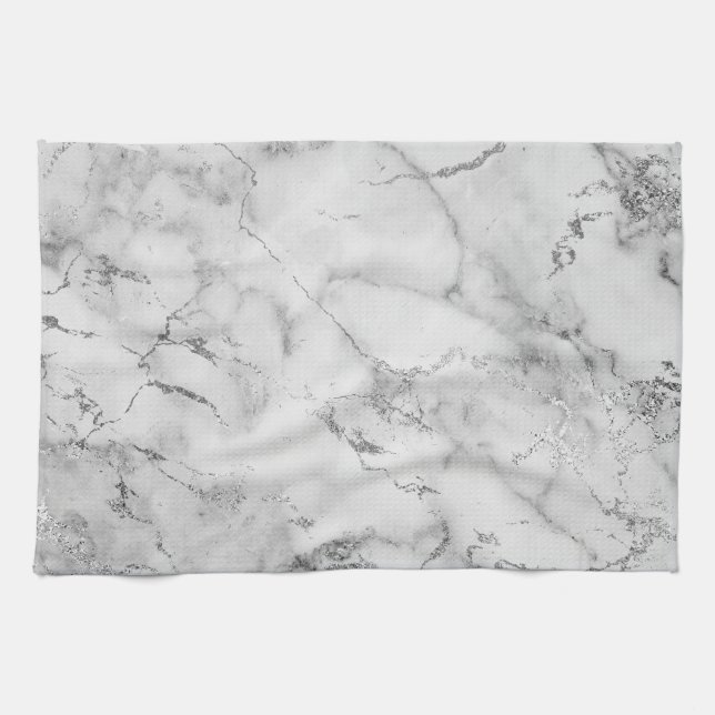 Modern vit och silver glitter marmor mönster kökshandduk (Horisontell)