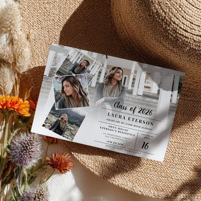 Modern vit och svart minimalistisk fotofexamål inbjudningar (Modern white and black minimalist photo graduation invitation)