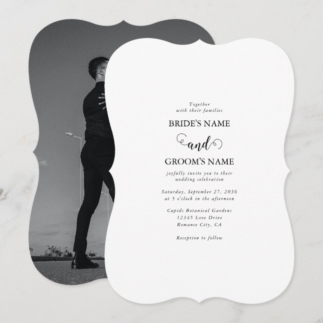 Modern vit och svart skript, par foto Bröllop Inbjudningar (Fram/baksida)