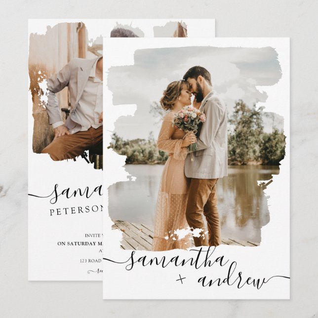 Modern vit penseldragskript 2 foton bröllop inbjudningar (Fram/baksida)