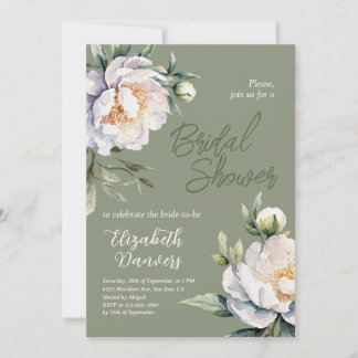 Modern vit Peony Sagegrön blombröllopsdusch Inbjudningar