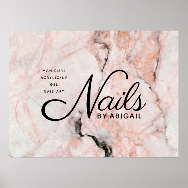 Modern Vit ros Marble Guld Nagel efter "Namn" Poster (Framsidan)