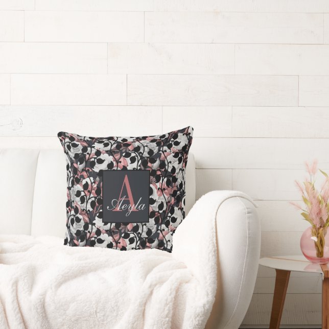 Modern Vit ros med Rosa Löv Monogram Kudde (Soffa)