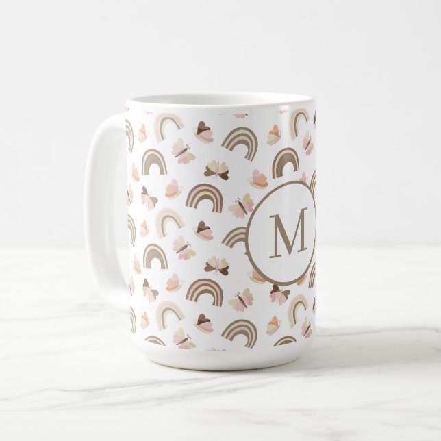 Modern vit & rosa fjärilar regnbågsmönster  kaffemugg (Framsida vänster)