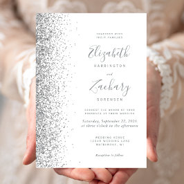 Modern vit silver glitterkant bröllop inbjudningar