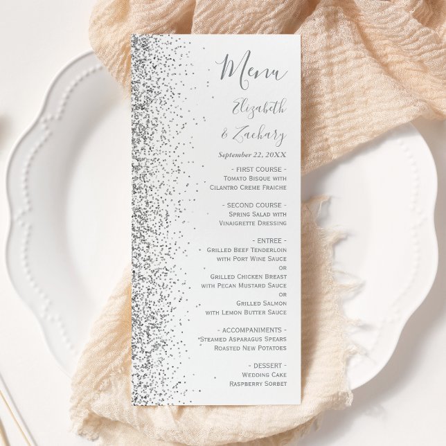 Modern vit silver glitterkant bröllop meny (Skapare uppladdad)