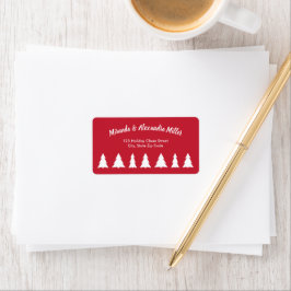 Modern vit skrift med Julgranar på röd Adressetikett