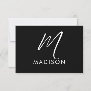 Modern vit skript Monogram Initial Minimal Black Anteckningskort