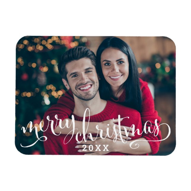 Modern vit skrivstil God Jul Foto Magnet (Horisontell)