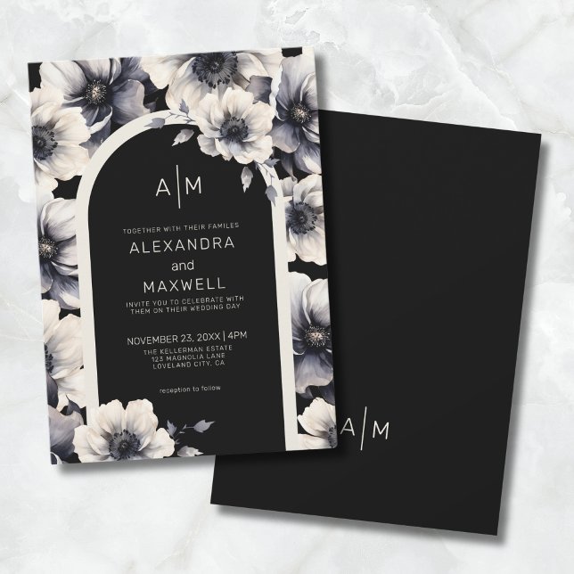 Modern Vit Svart Blommig Bröllop Inbjudningar (Modern Arch White Black Floral Wedding Invitation)
