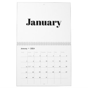 Modern vit svart fet typografi månad 2024 kalender