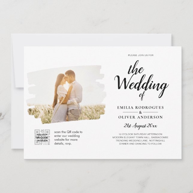 Modern Vit & Svart FOTO Bröllopsinbjudan QR Inbjudningar (Framsida)