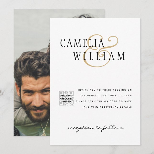 Modern Vit & Svart FOTO Bröllopsinbjudan QR Inbjudningar (Fram/baksida)