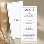 Modern vit svart minimalistisk bröllop meny<br><div class="desc">Modern och enkel bröllopsmeny i svart och vitt. Ren och lättläst design som passar en minimalistisk modern bröllopstema. Inkluderar maträttsbeskrivning - förrätt,  huvudrätt,  efterrätt och dryckesinformation som är enkel att redigera och anpassa.</div>
