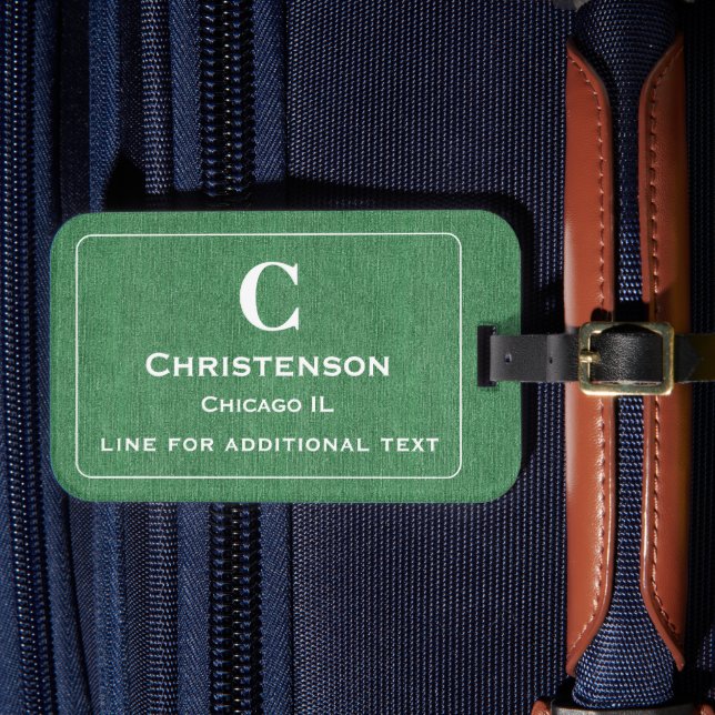 Modern vit text på grön denimtryck bagagebricka (Framsida Insitu 4)