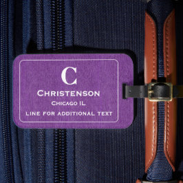 Modern vit text på lila denimtryck bagagebricka