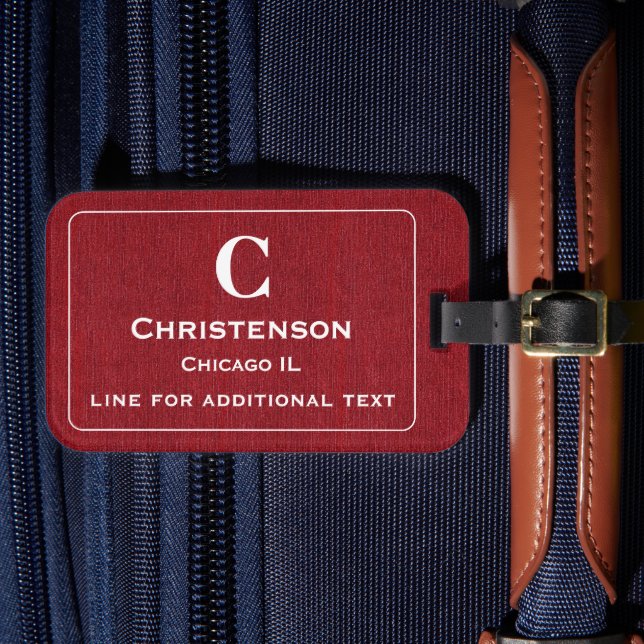 Modern vit text på Ruby Red Denimtryck Bagagebricka (Framsida Insitu 4)