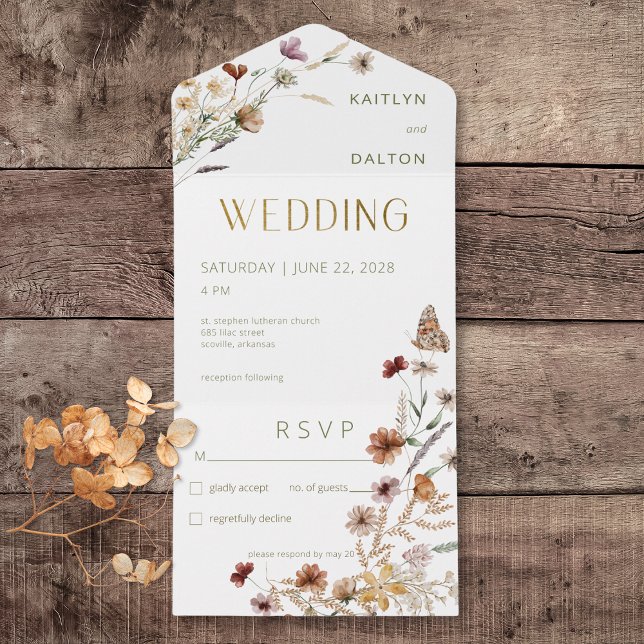 Modern vit Wildblomma Bouquet-nr (Modern White Wildflower Bouquet All In One Wedding Invitation without Dinner Options)