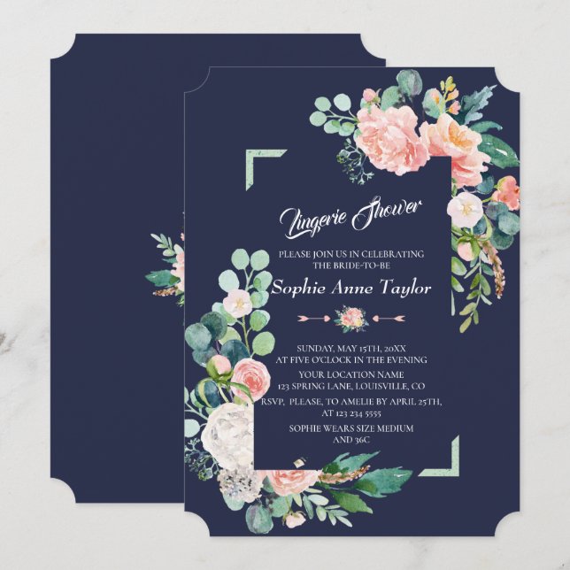 Modern  Vita Blommigten Ram Lingerie Shower Inbjudningar (Fram/baksida)
