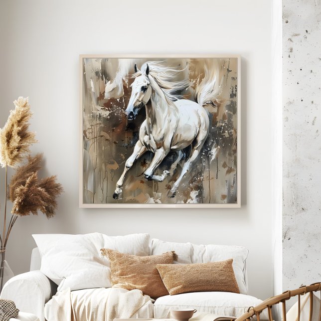 Modern Vita hornmålning Aesthetic Wall Art Poster (Modern White Horse Painting Aesthetic Wall Art in a neutral boho living room.)