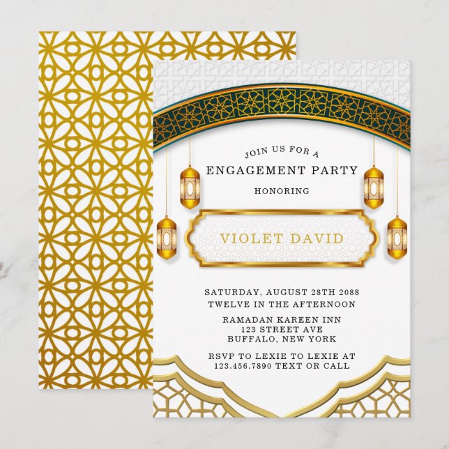 Modern Vita och Guld islamiska Förlovningsfesten Inbjudningar (Fram/baksida)