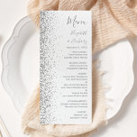 Modern Vita Silver Glitter Kant Bröllop Meny<br><div class="desc">Den moderna bröllop-menyn på den lämnat kant i eleganten har en silver faux glitter-design. Anpassadet kombinerar grått-handskrift,  tryckplåt och kursivt typsnitt på vit bakgrund. Den omvända sidan har en matchande vit- och silver-glitter-design.</div>
