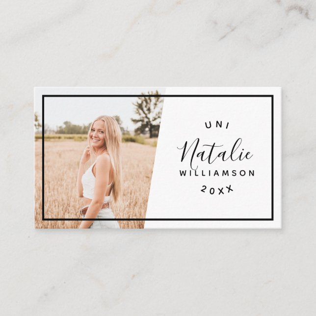 Modern, vita studenten-fotoinfogningskort namn (Framsida)