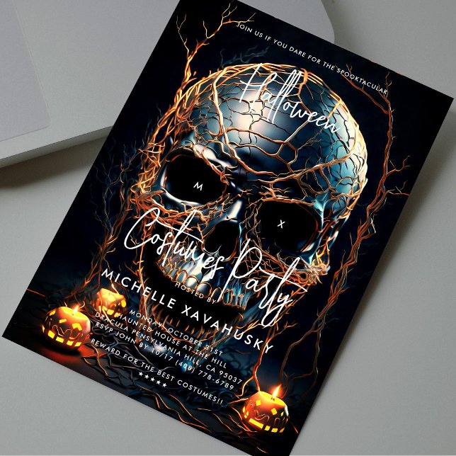 Modern Vuxen Halloween fest Black Guld Skull Inbjudningar (Modern Adult Halloween Party Black Gold Skull Invitation
)